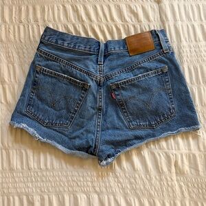 Levi's Medium Blue High-Waist Frayed Denim Shorts